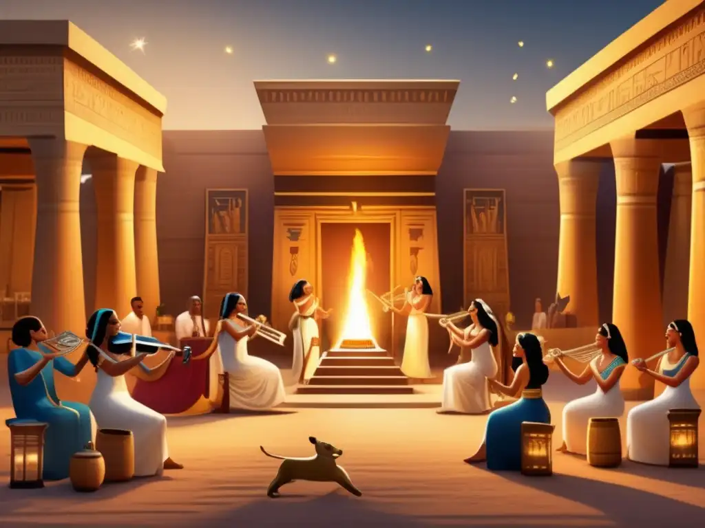 Un animado festejo musical en el antiguo Egipto: música, danza y espectadores inmersos en el entretenimiento de la época