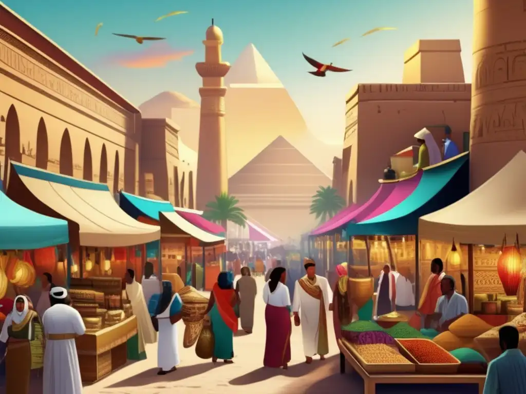 Un animado mercado en el antiguo Egipto, con colores vibrantes y detalles intrincados