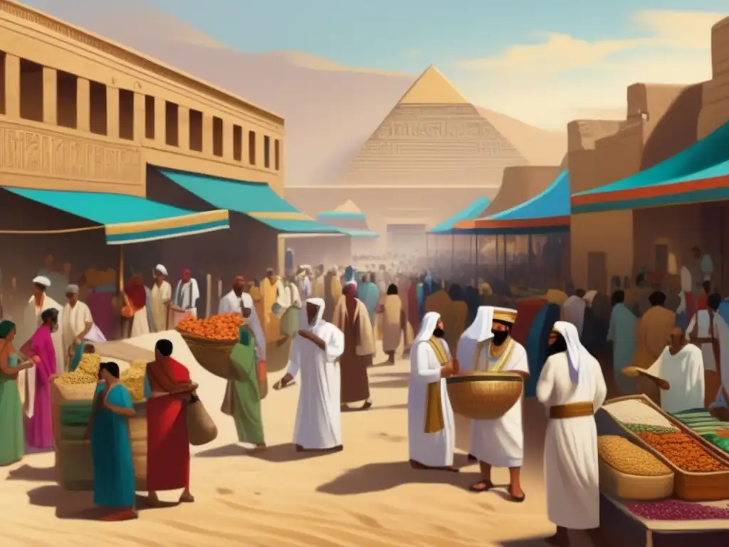 Un animado mercado en el antiguo Egipto, con colores vibrantes y detallados puestos de venta