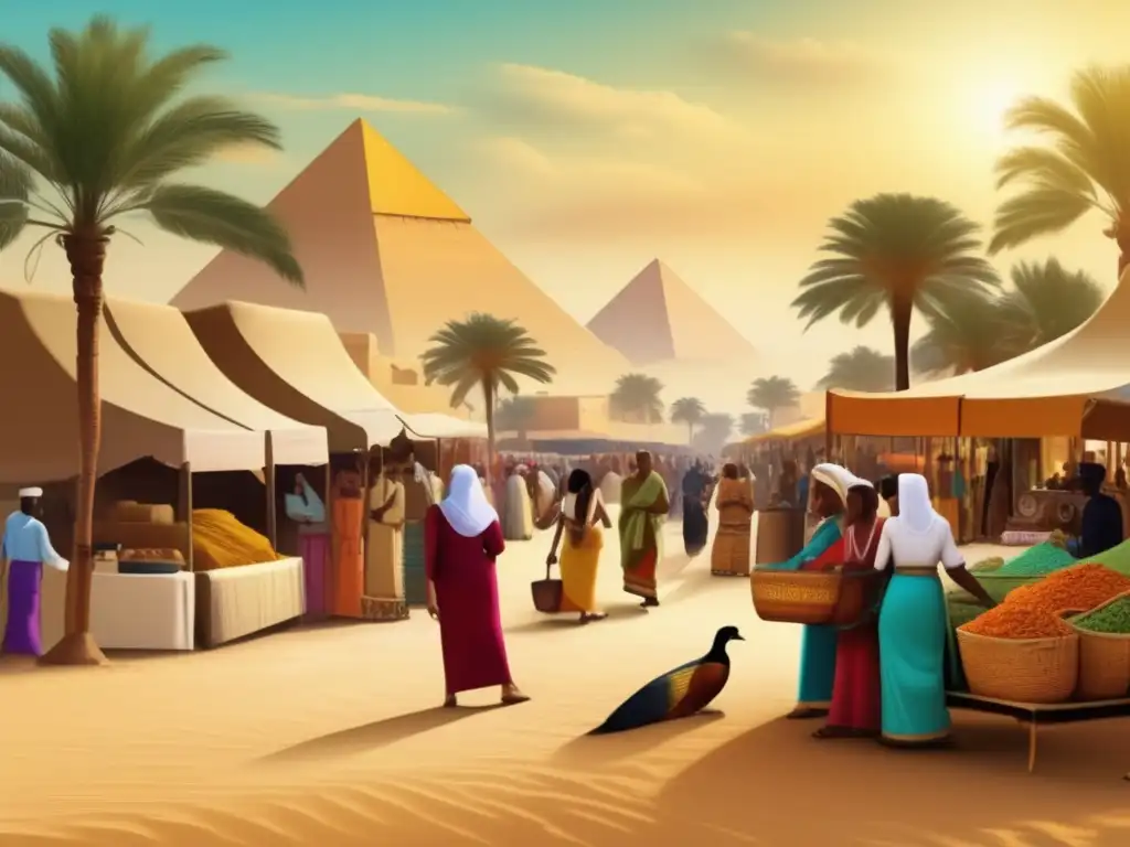 Un animado mercado en el antiguo Egipto, reflejando el comercio y la política exterior egipcia