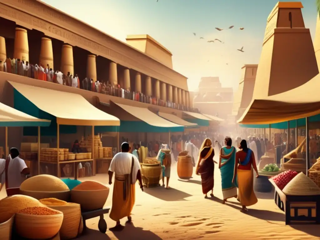 Ilustración vintage de un animado mercado en el antiguo Egipto, destacando el comercio y lenguaje en Egipto