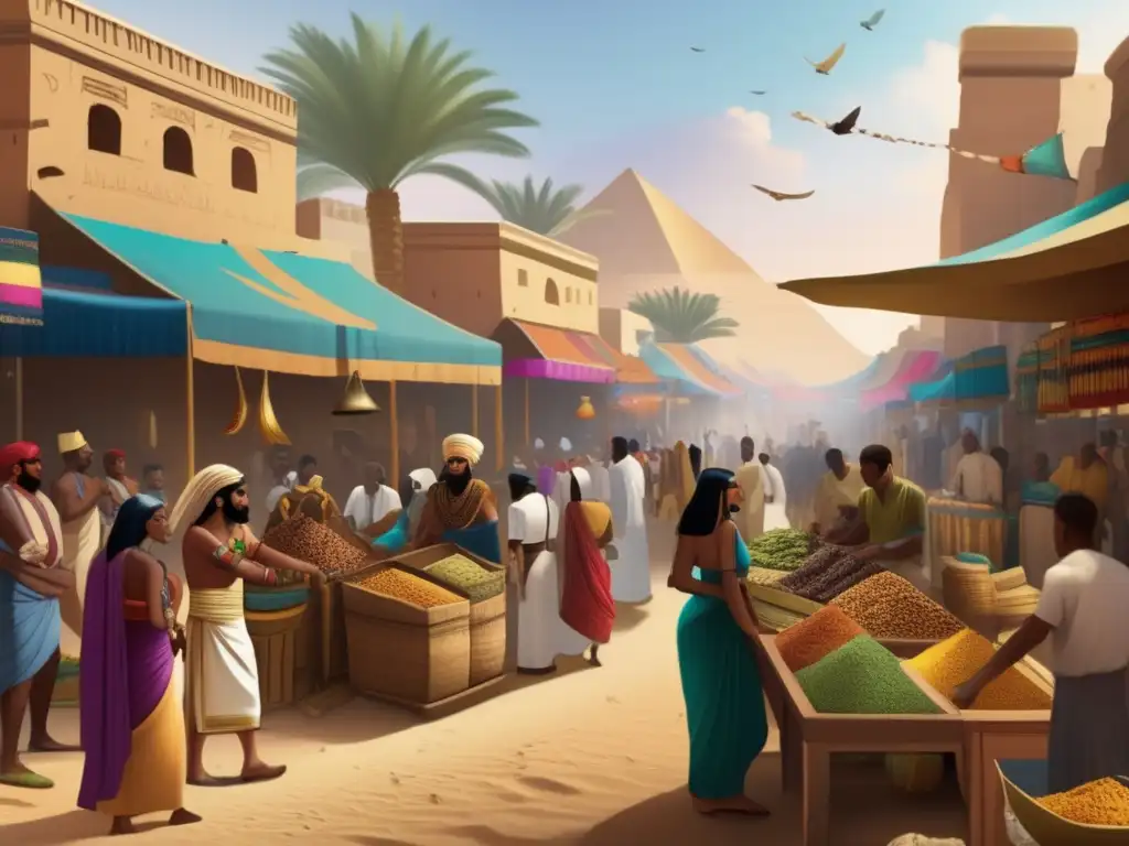 Un animado mercado antiguo en Egipto, donde se muestra el comercio de esclavos y la dura realidad de la época