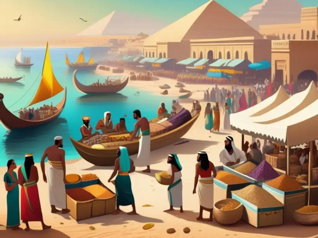 Un animado mercado antiguo en la costa del Mar Rojo, donde comerciantes de Egipto y Punt intercambian productos exóticos