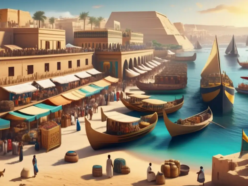 Un animado mercado en el antiguo Egipto junto al mar Mediterráneo, reflejando el espionaje en el Antiguo Egipto