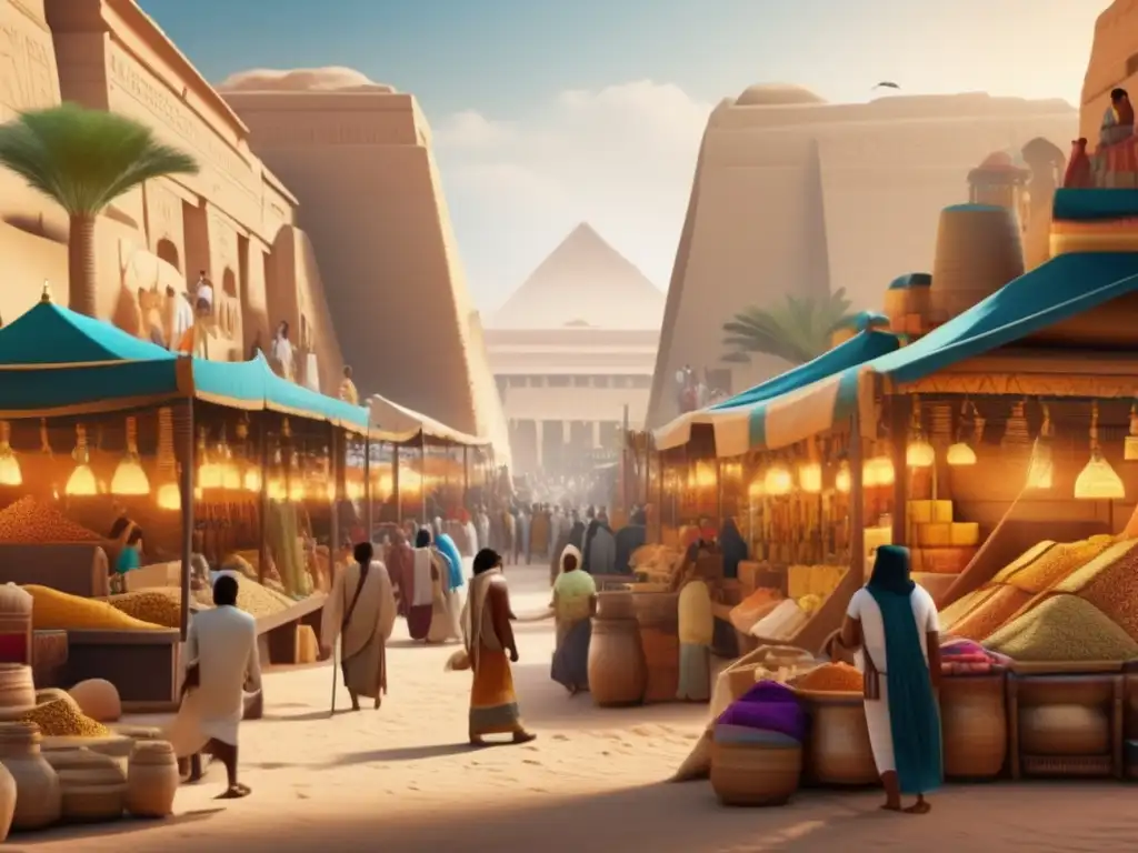Un animado mercado en el Antiguo Egipto, lleno de mercaderes y compradores