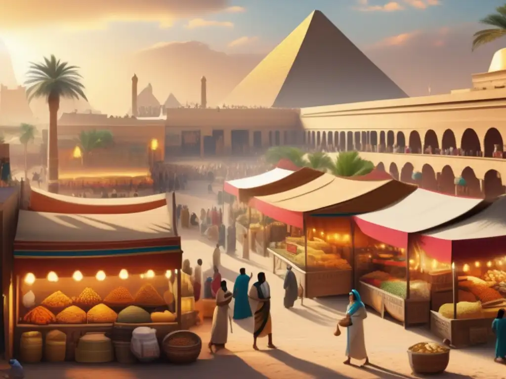 Una ilustración vintage en alta definición muestra un animado mercado del antiguo Egipto, lleno de vida y color