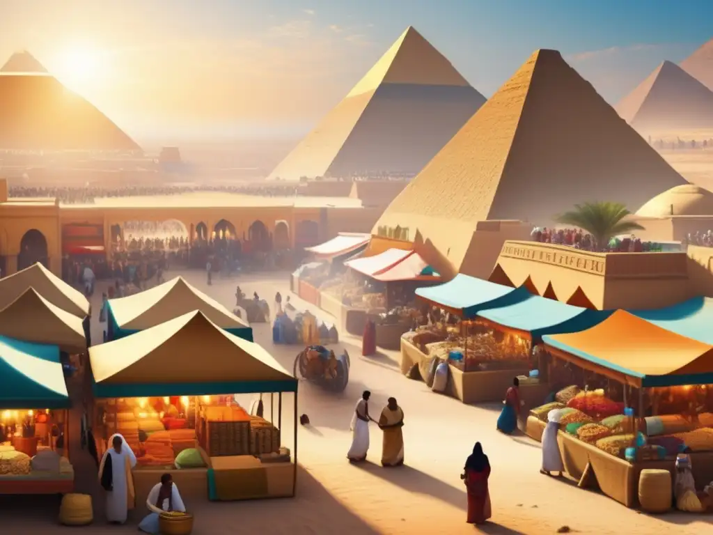 Animado mercado antiguo en Egipto con majestuosas pirámides de fondo