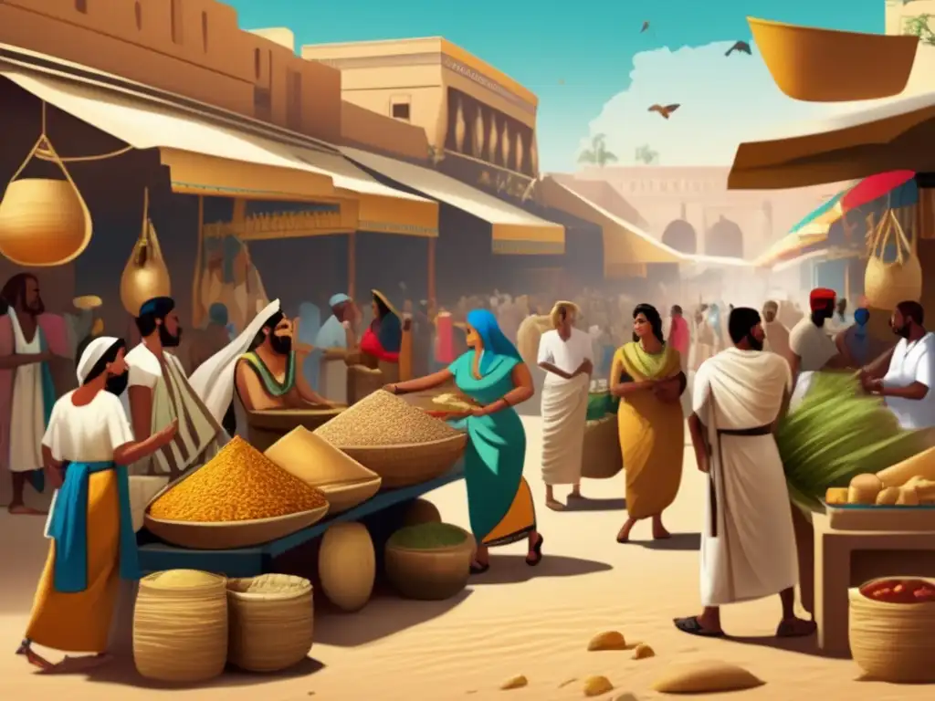 Un animado mercado en el Antiguo Egipto, donde las matemáticas impulsaban la economía