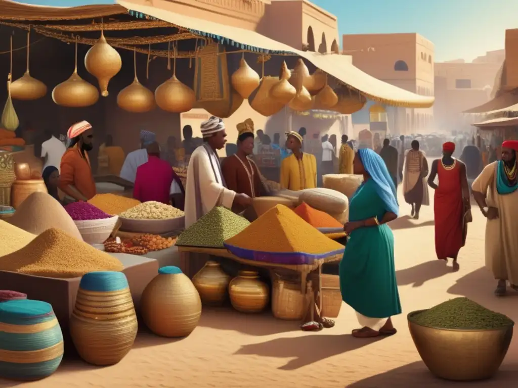 Un animado mercado antiguo en Nubia, con puestos adornados con textiles vibrantes y especias exóticas