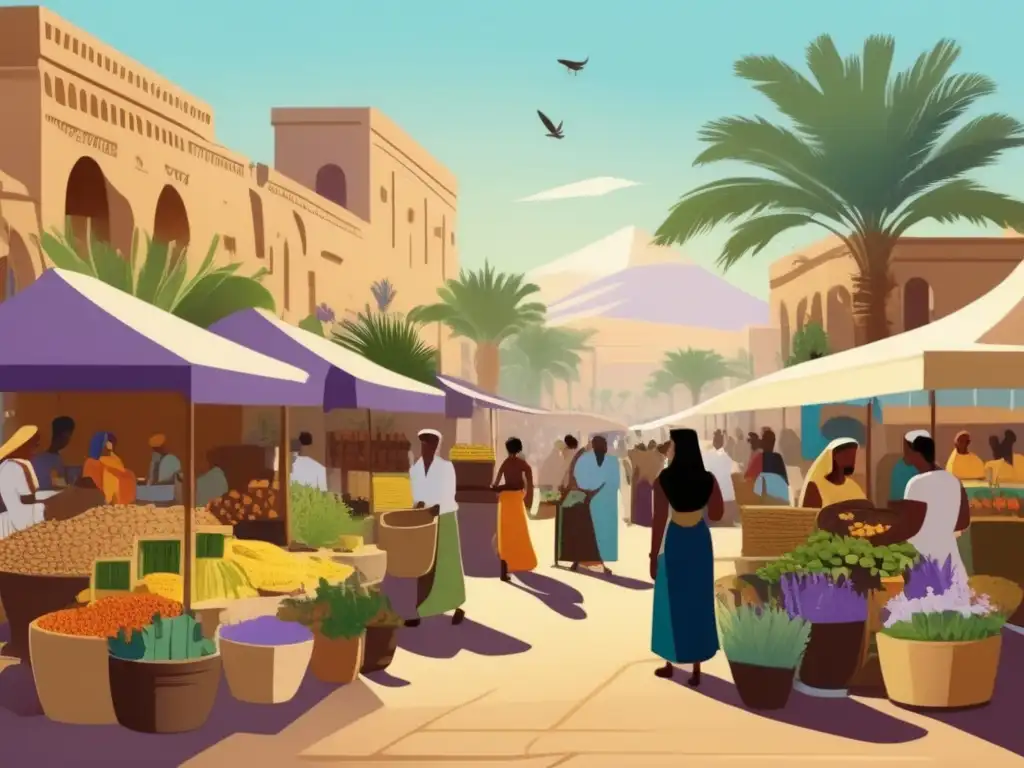 Un animado mercado en el antiguo Egipto, con importación de plantas mediterráneas
