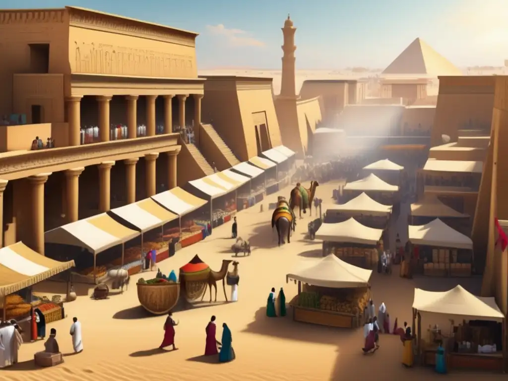 Un animado mercado en el antiguo Egipto rebosante de riquezas comerciales