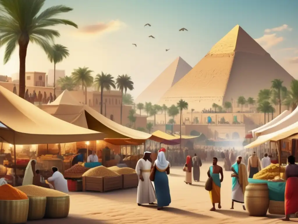 Un animado mercado en el antiguo Egipto con riquezas comerciales