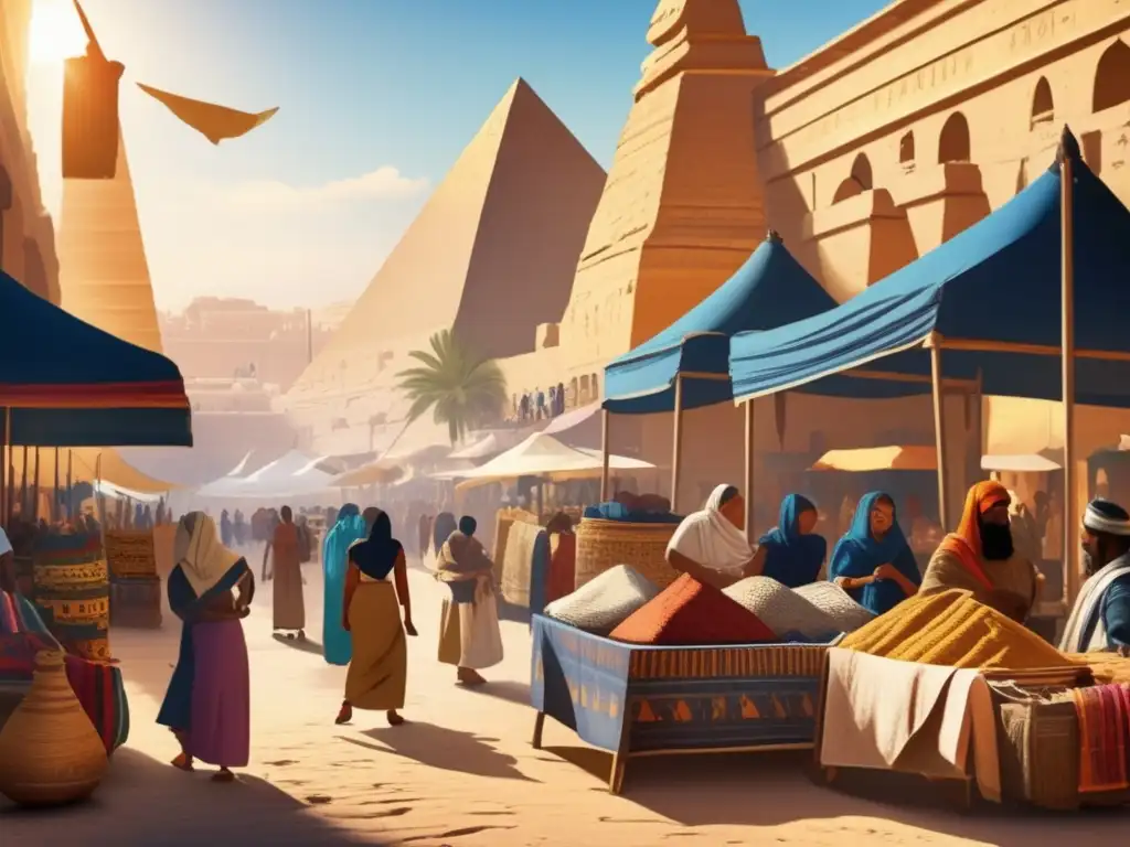 Un animado mercado en el antiguo Egipto, donde se comercian textiles