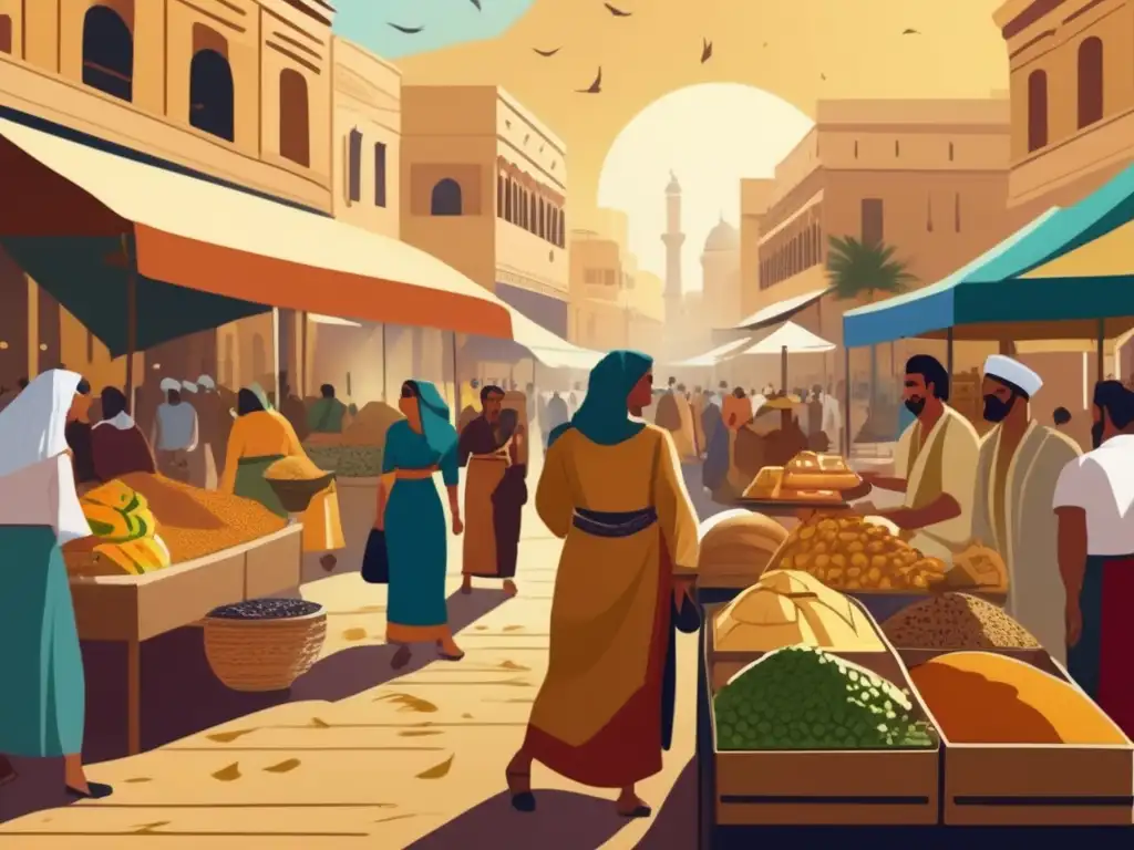 Un animado mercado egipcio en la antigua ciudad de Alejandría, con puestos llenos de frutas exóticas, especias aromáticas y pan recién horneado