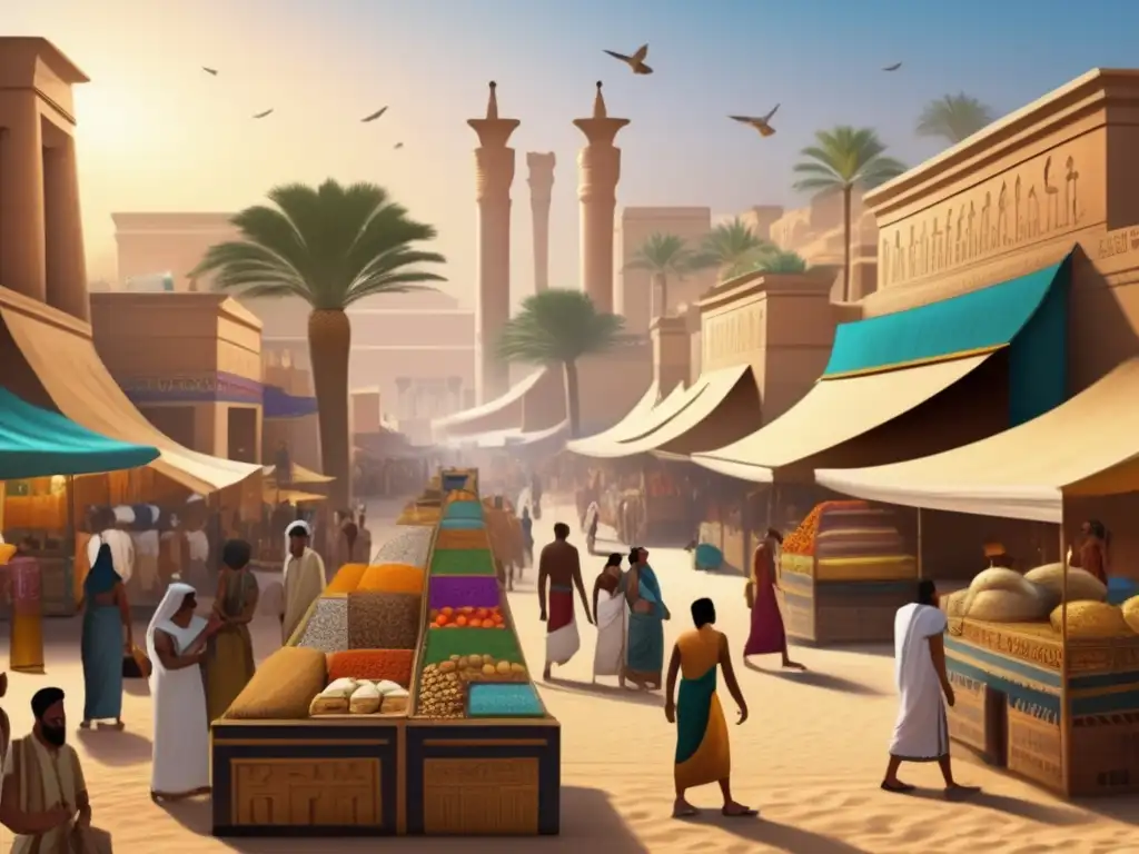 Un animado mercado egipcio antiguo, con vendedores ofreciendo diversos productos