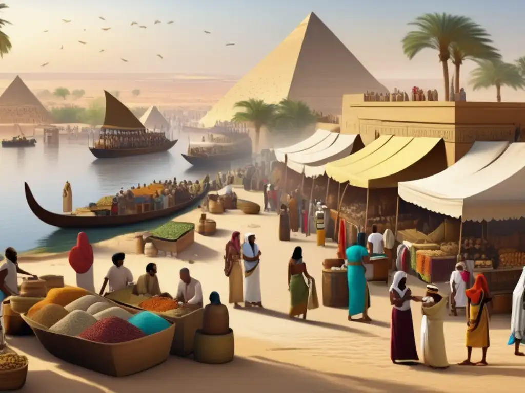 Un animado mercado egipcio antiguo a orillas del Nilo, con transacciones económicas y colorida variedad de bienes