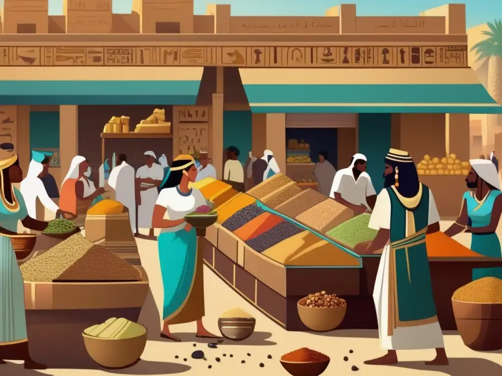 Un animado mercado egipcio antiguo, lleno de color y actividad