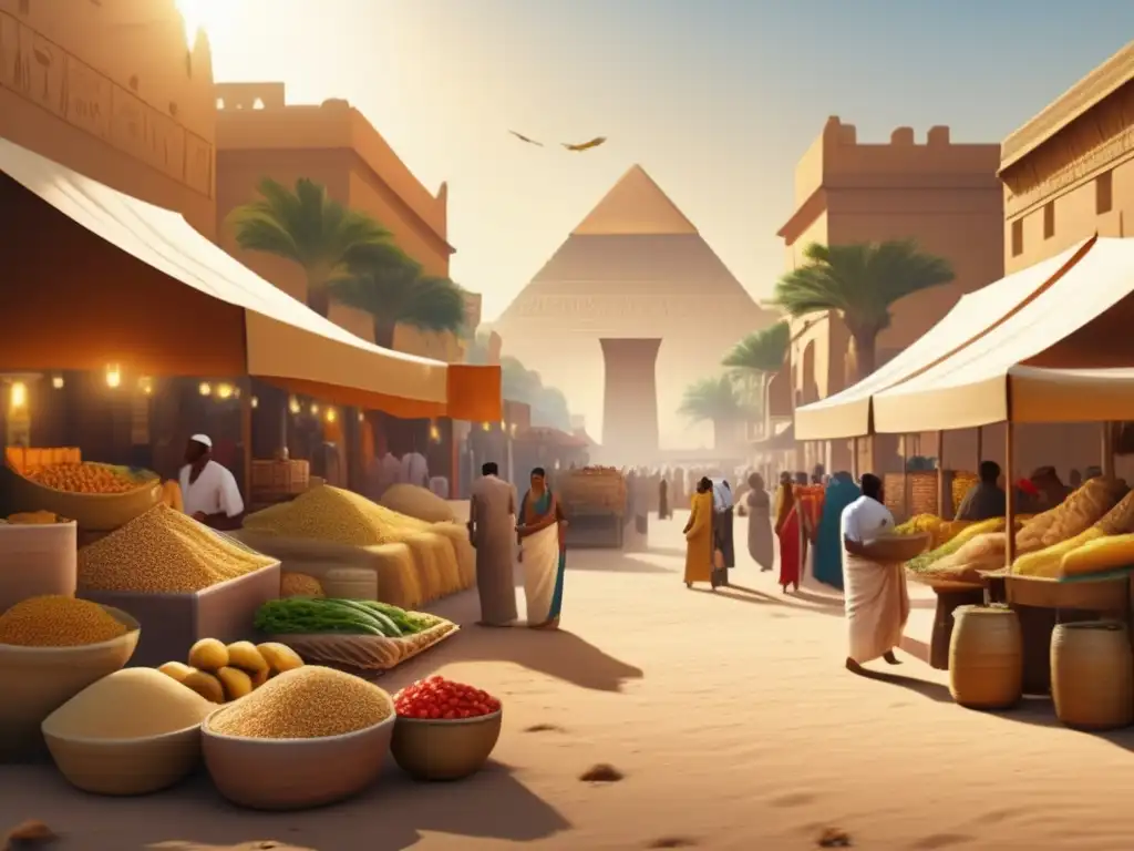 Un animado mercado egipcio antiguo bañado en cálida luz dorada, donde se venden granos, frutas y verduras
