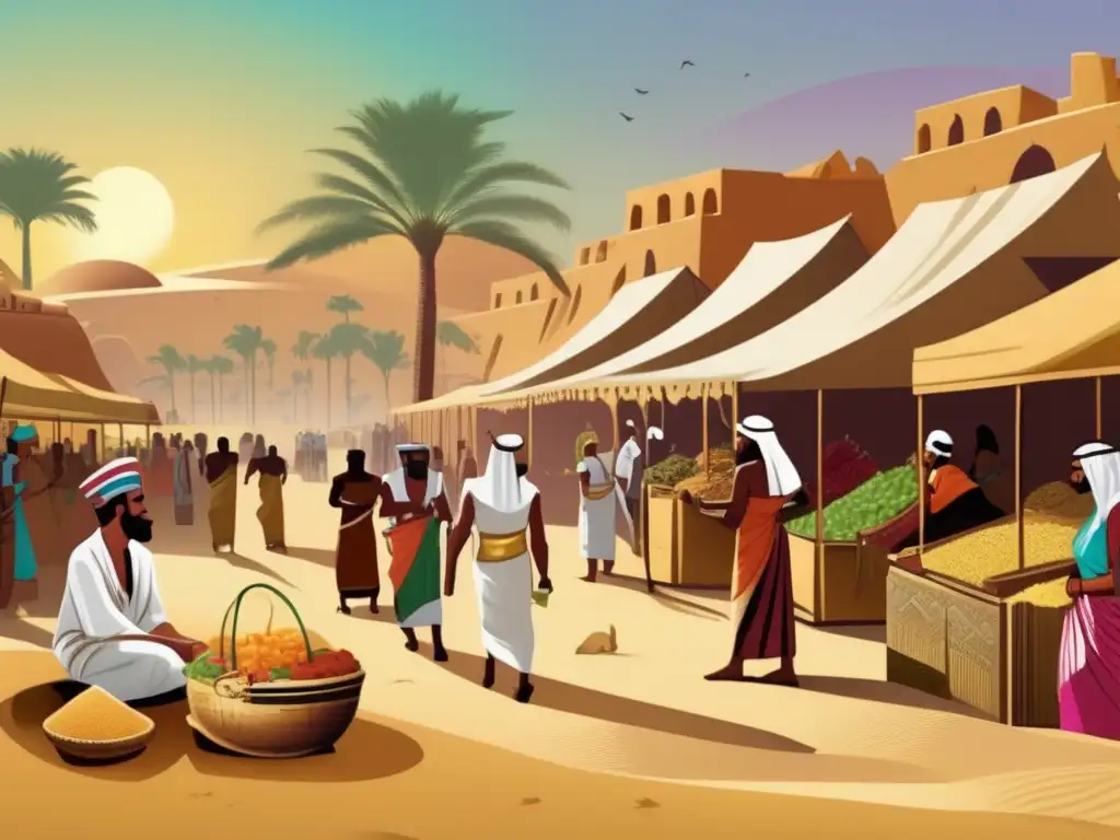 Un animado mercado egipcio antiguo con técnicas agrícolas comercio egipcio, rodeado de dunas y palmeras