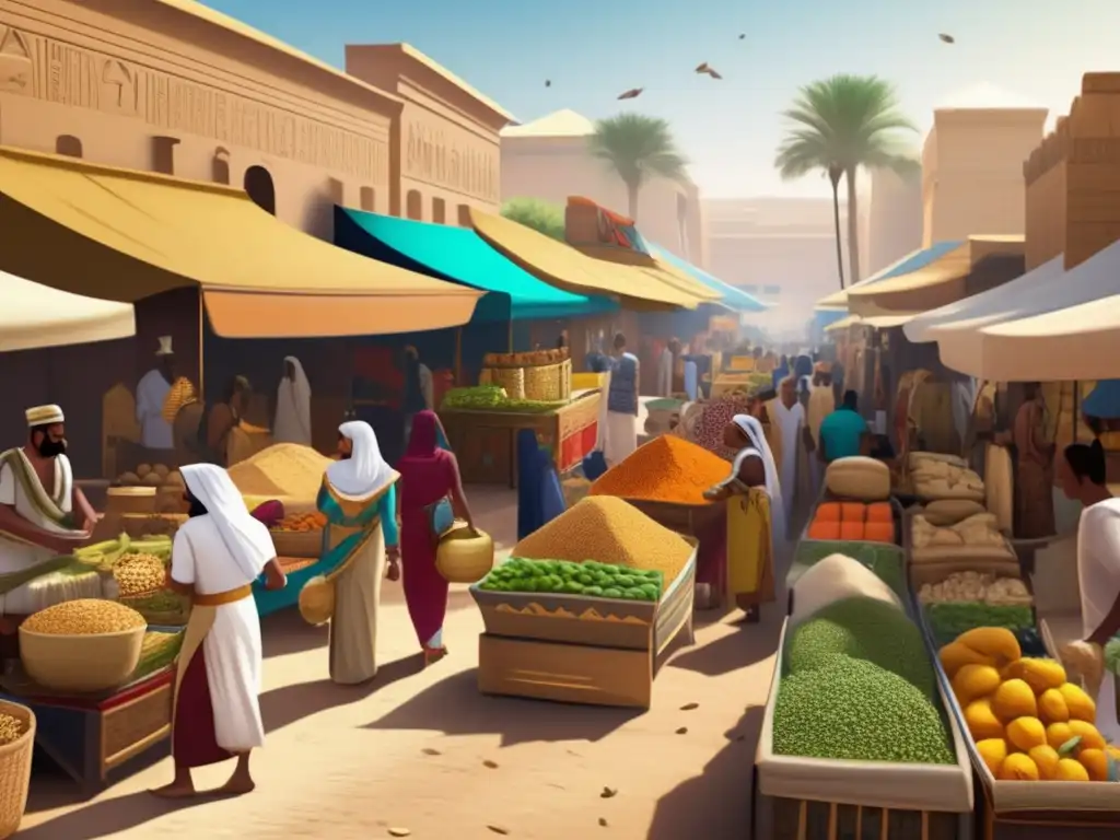 Un animado mercado egipcio antiguo en el corazón de Tebas, a orillas del Nilo