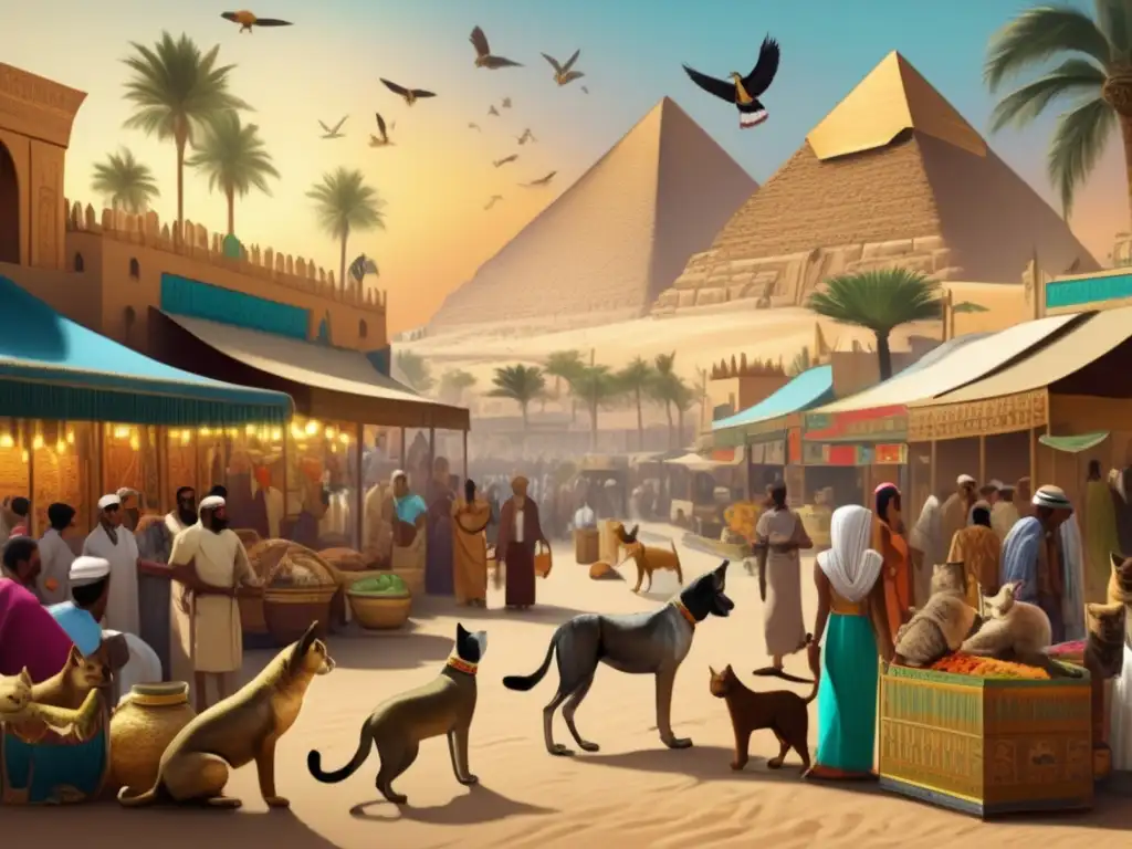 Un animado mercado egipcio lleno de gente y animales, resaltando el papel de los animales en la sociedad egipcia