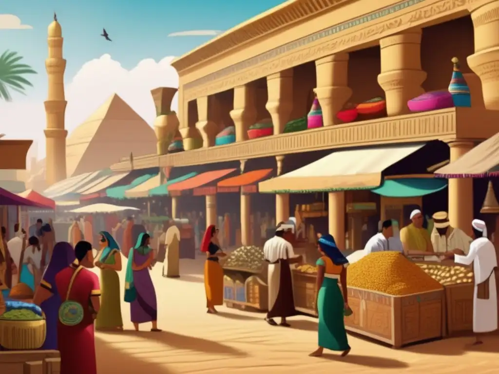 Un animado mercado egipcio lleno de comerciantes vendiendo una variedad de productos