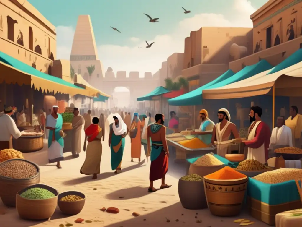 Una ilustración vintage muestra un animado mercado egipcio durante el primer período intermedio