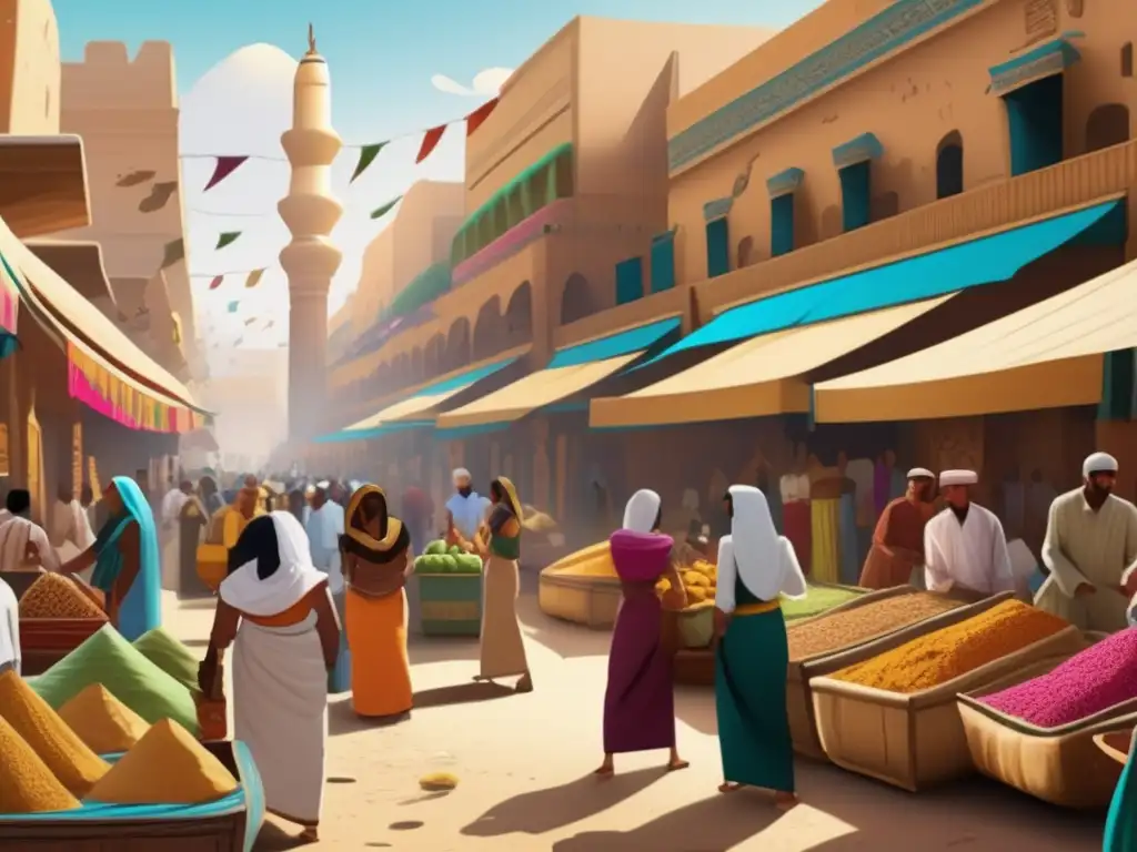 Un animado mercado egipcio con puestos de colores y gente hablando en el antiguo idioma egipcio, que refleja la vida y cultura del antiguo Egipto