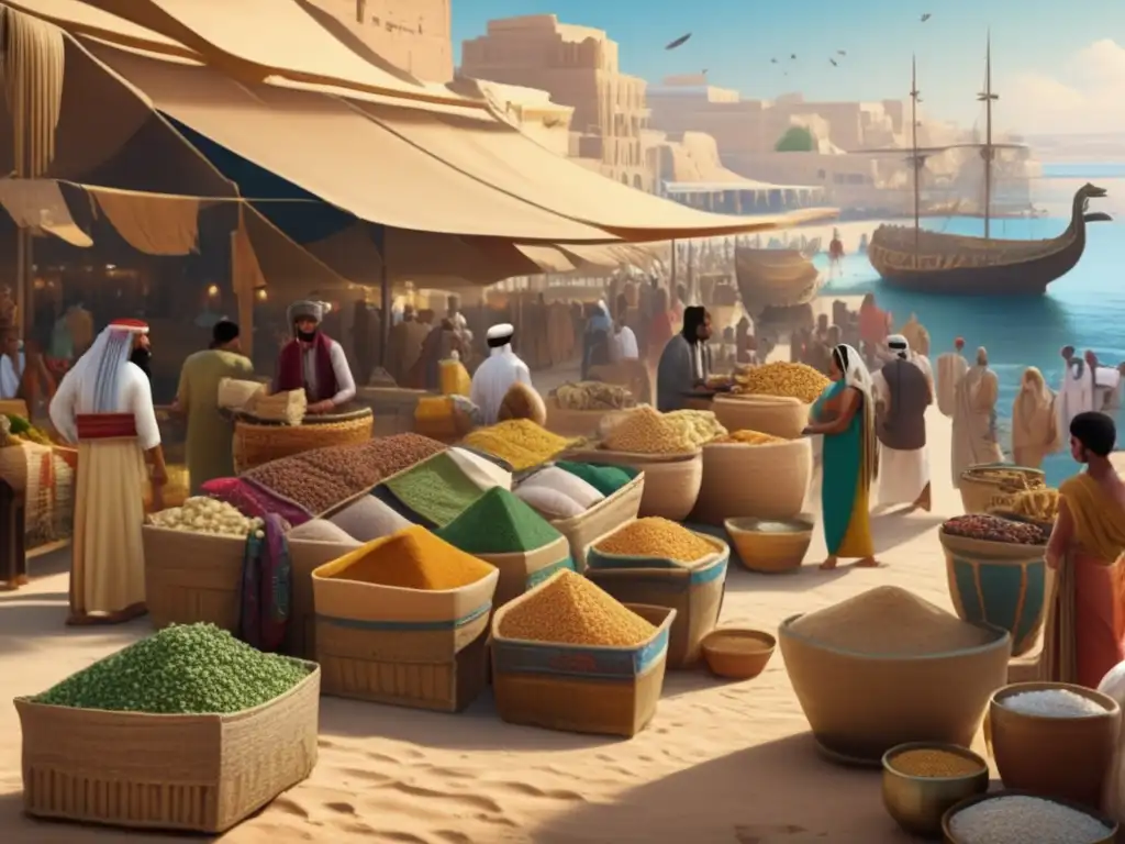 Un animado mercado egipcio durante el Tercer Periodo Intermedio, donde el comercio y la diplomacia egipcia Mediterráneo florecen