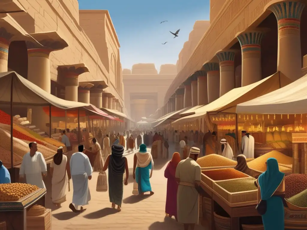 Un animado mercado egipcio en la Tercera Época Intermedia, con arquitectura antigua, columnas de piedra y hieroglíficos tallados