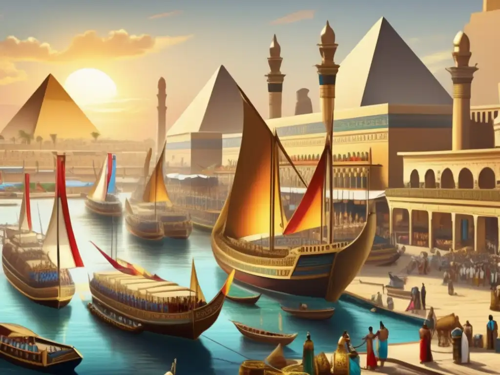 Un animado puerto egipcio antiguo muestra la tecnología náutica egipcia para comercio en un bullicioso mercado rodeado de arquitectura ancestral