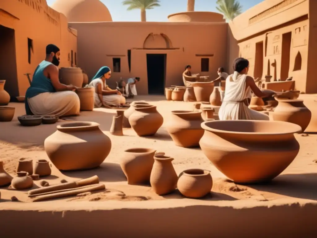 Un animado taller de alfarería en el antiguo Egipto, donde hábiles alfareros moldean con destreza y determinación
