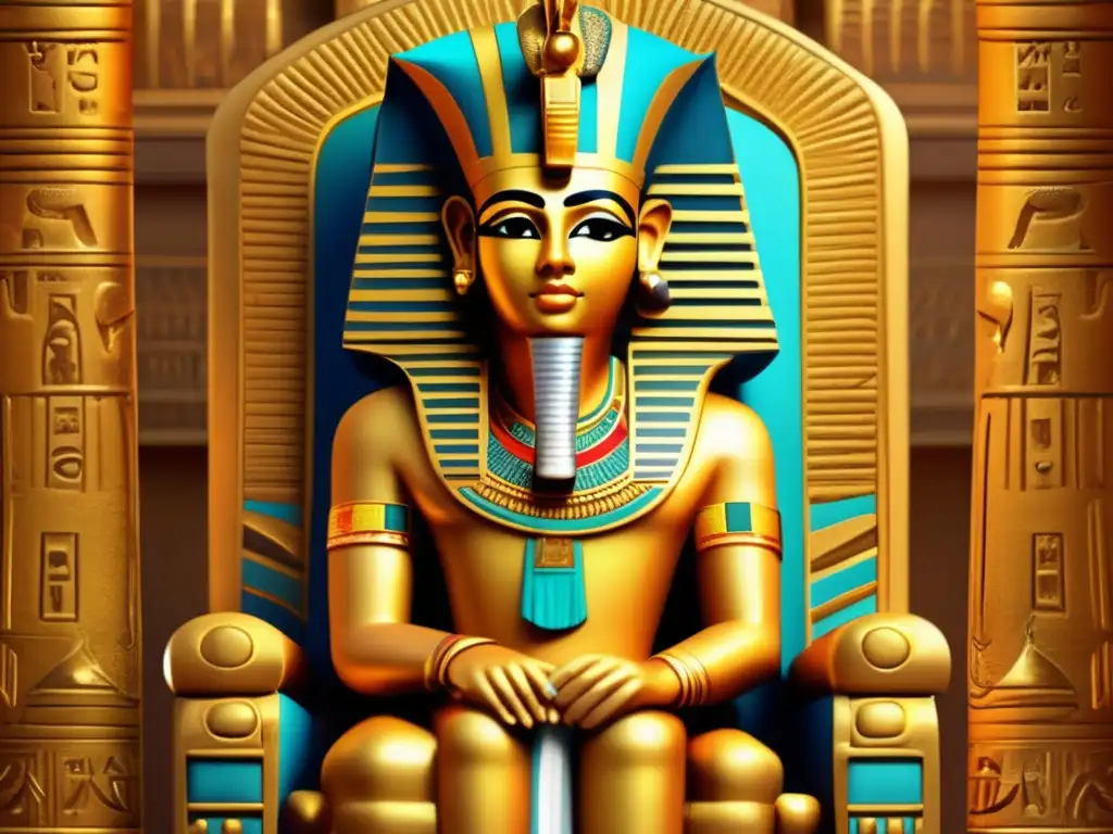 Faraón Pepi II, niño gobernó 90 años, sentado en un trono dorado con jeroglíficos detallados
