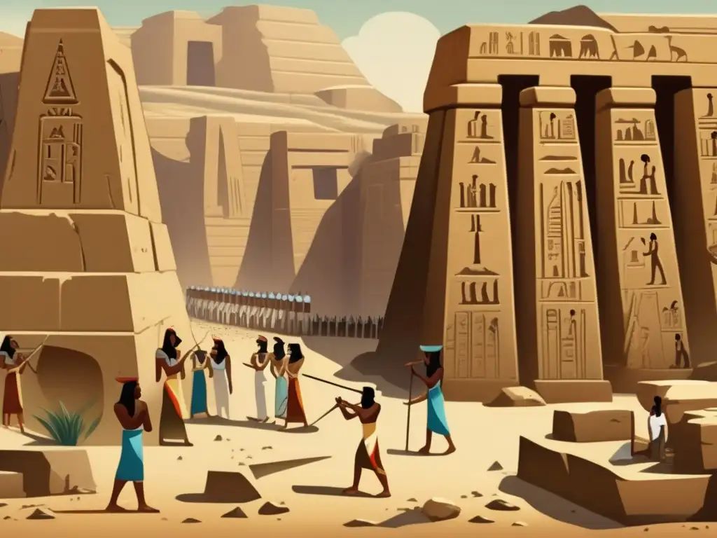 La antigua cantera egipcia, llena de actividad y ruido, donde artesanos esculpen meticulosamente obeliscos de piedra