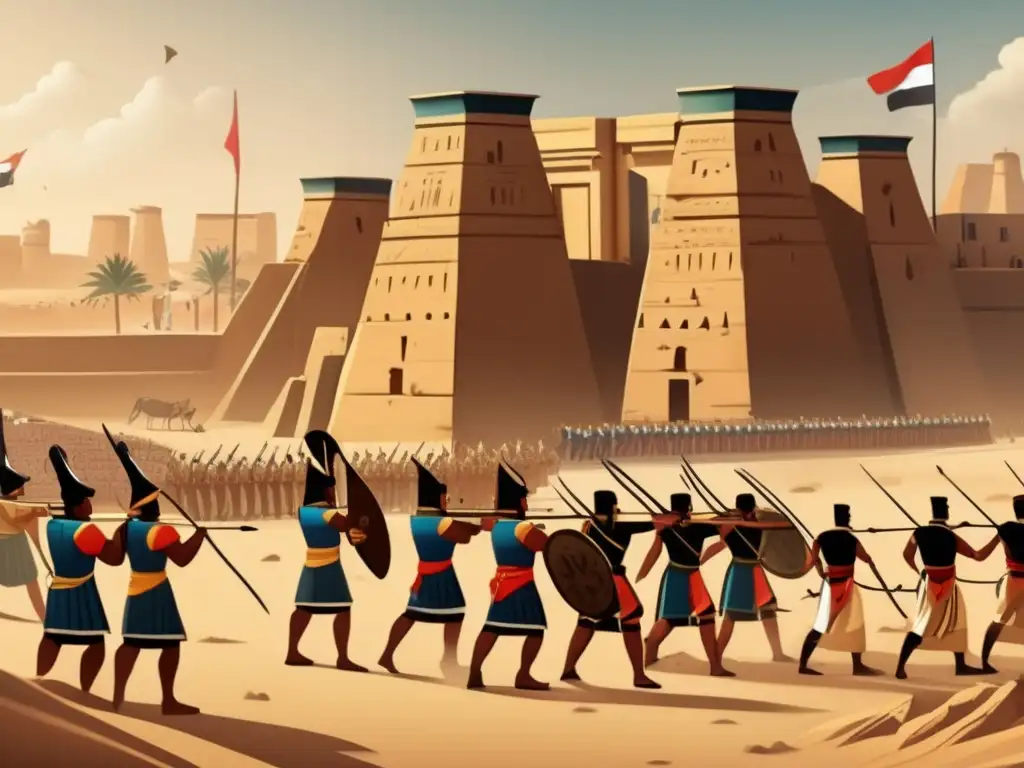 Antigua ilustración detallada de entrenamiento de soldados en fortificaciones de Egipto