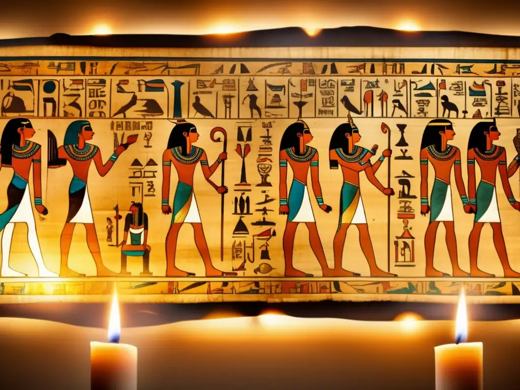 Una antigua y detallada imagen de un papiro egipcio desplegado cuidadosamente y iluminado por suave luz de velas