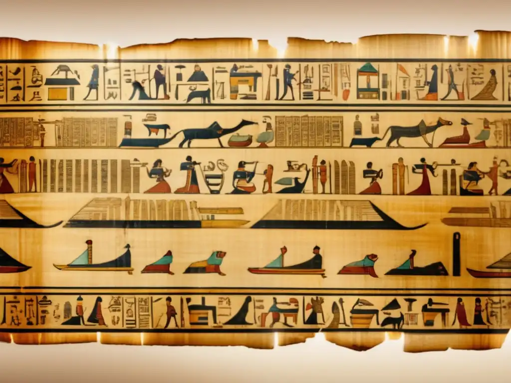 Una antigua y detallada imagen de un papiro egipcio con tonos amarillentos desvanecidos, mostrando inscripciones jeroglíficas intrincadas