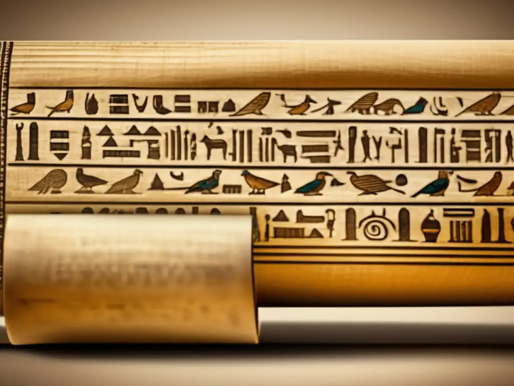 Una antigua y detallada imagen en 8k de un pergamino egipcio bien conservado, con inscripciones jeroglíficas intrincadas