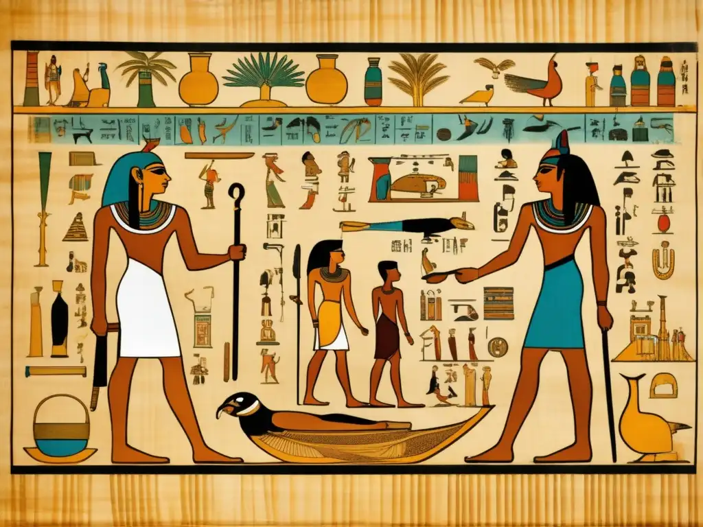 Una antigua y detallada imagen de un pergamino egipcio que muestra los principios de la medicina preventiva en la antigua civilización