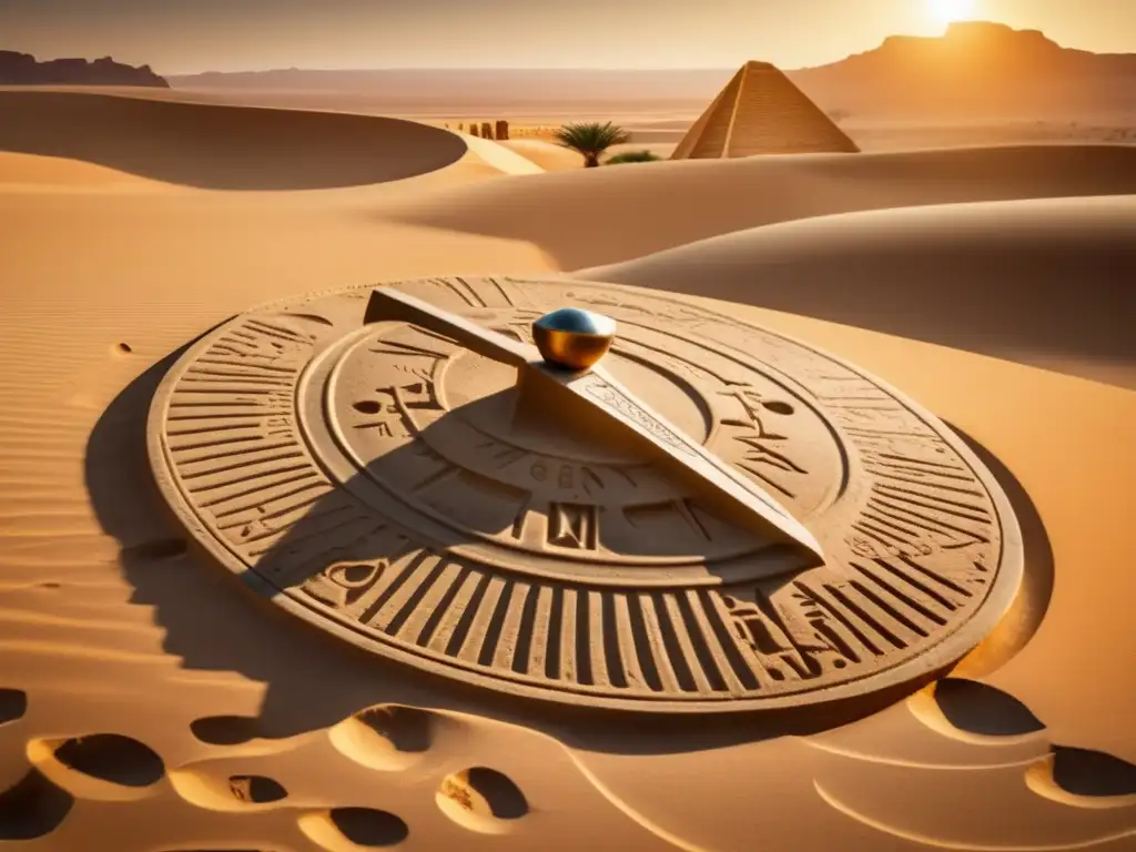 Una antigua y detallada imagen de un reloj de sol egipcio tallado en piedra, destacándose en el desierto arenoso