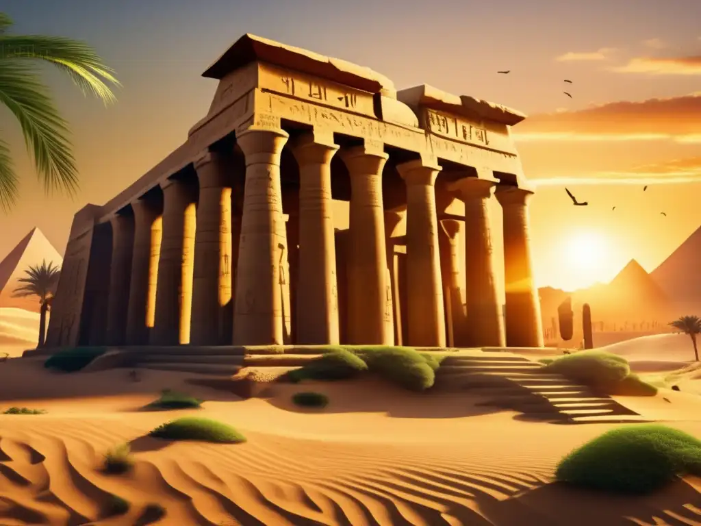 Una antigua y detallada imagen de un templo egipcio en ruinas destaca frente a un fondo de sol poniente
