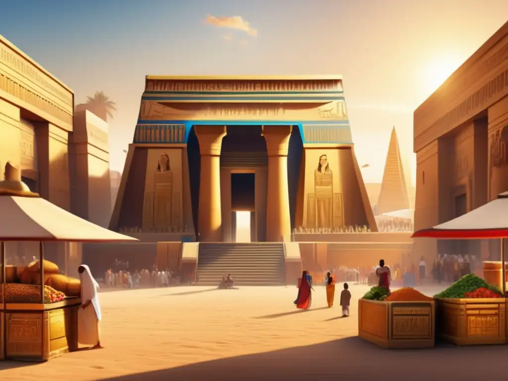 Una antigua y detallada imagen de un templo egipcio, bañado por la cálida luz dorada del sol, destaca en un bullicioso mercado