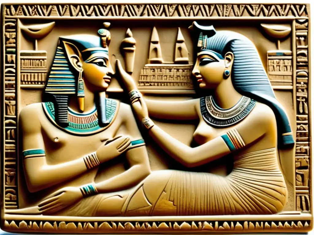 Una antigua escena romántica tallada en piedra muestra a una pareja egipcia entrelazada en un abrazo tierno