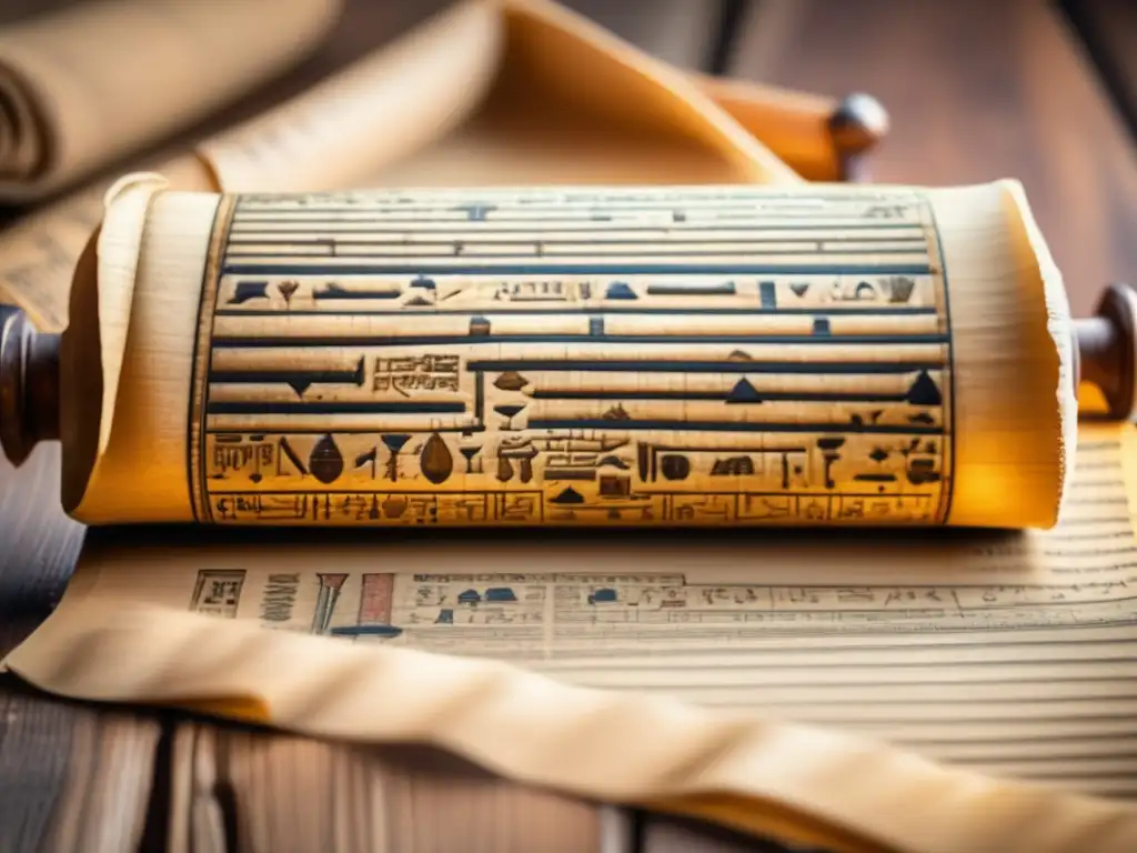 Una antigua escritura egipcia despliega sus secretos en el papiro amarillento, en una mesa de madera envejecida