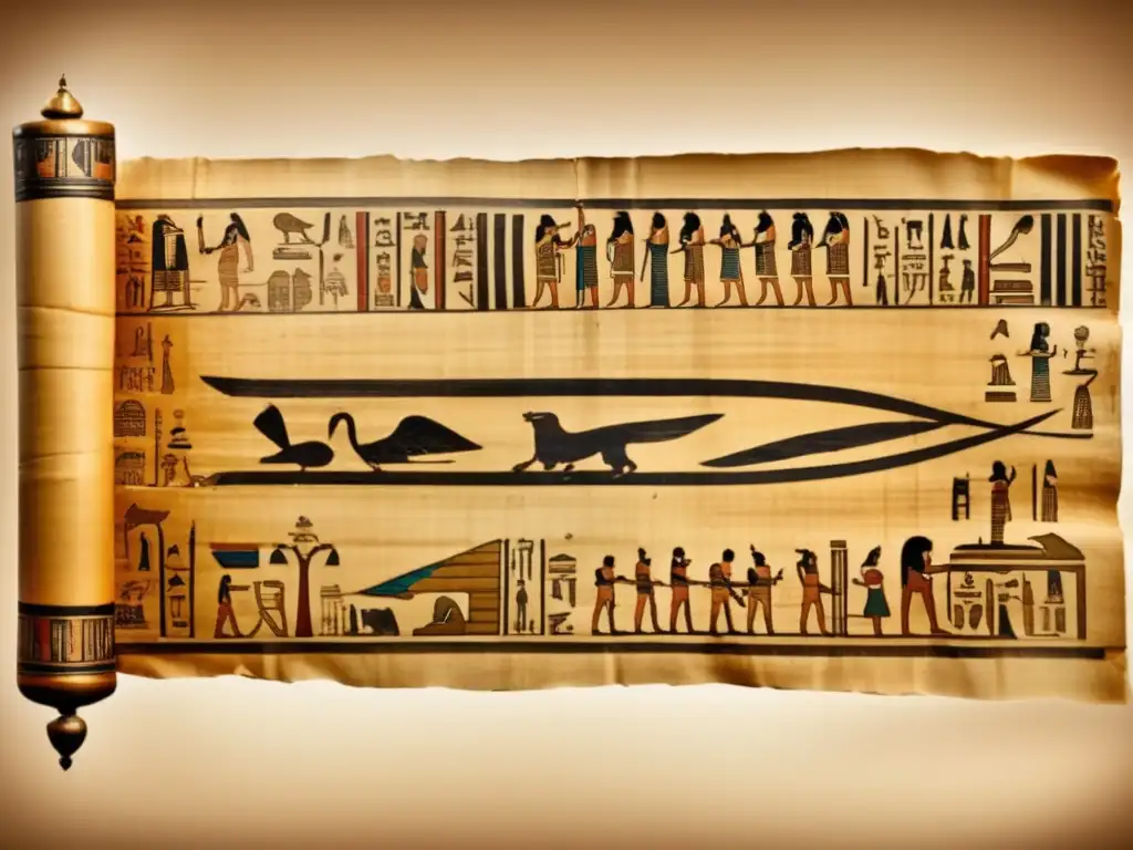 Una antigua escritura en papiro egipcio desplegado con delicadeza, revelando la función de los escribas egipcios