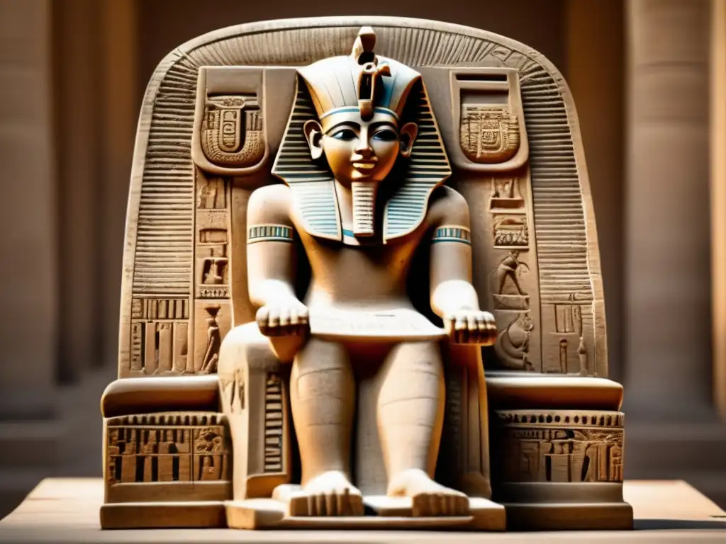 Una antigua escultura egipcia de piedra, detallada y envejecida, muestra la maestría en las técnicas de escultura en Egipto
