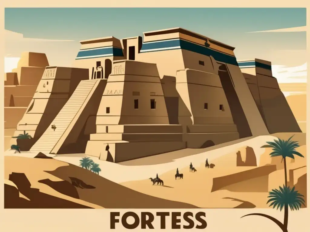 Una ilustración vintage muestra una antigua fortaleza egipcia, construida sobre una colina rocosa
