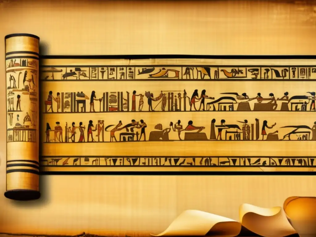 Una antigua imagen estilo vintage de un pergamino egipcio del Segundo Periodo Intermedio, desenrollado parcialmente y lleno de escrituras jeroglíficas