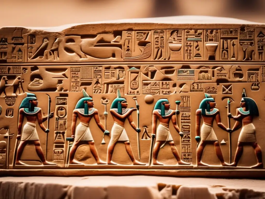 Antigua imagen de jeroglíficos egipcios tallados en tabletas de piedra: Origen y relación del alfabeto egipcio