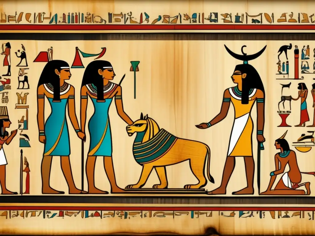 Una antigua interpretación de enfermedades deformantes en el antiguo Egipto: un papiro meticulosamente desplegado sobre una mesa de madera envejecida muestra ilustraciones detalladas de personas afectadas